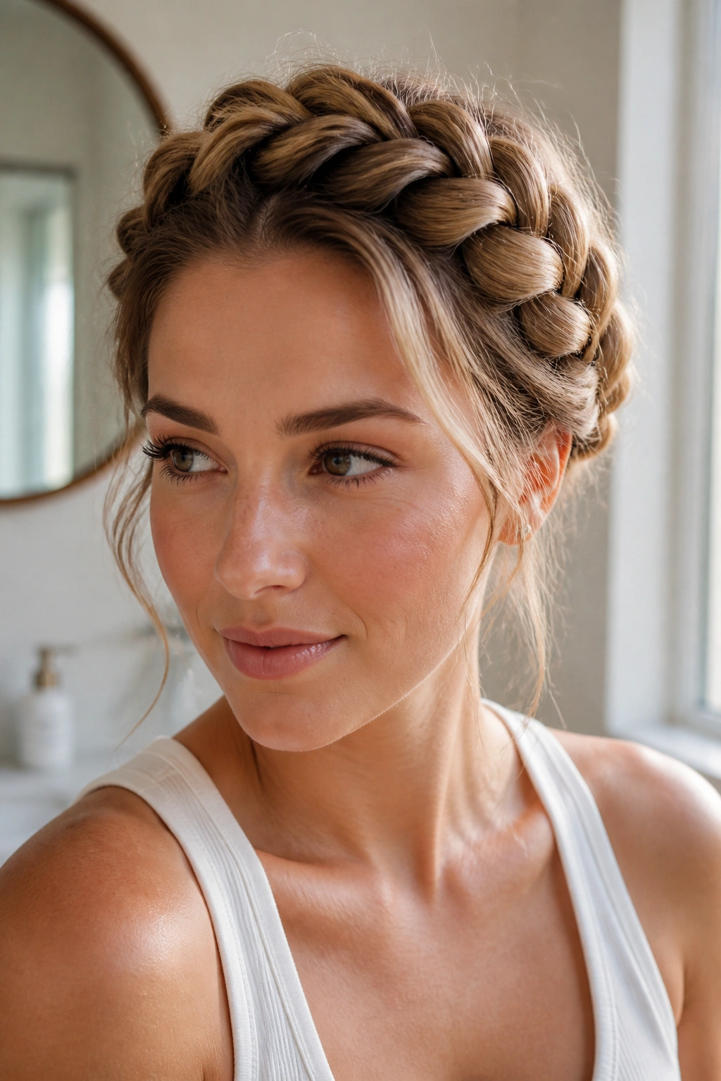 Close-up of a woman with a Dutch crown braid around the head.