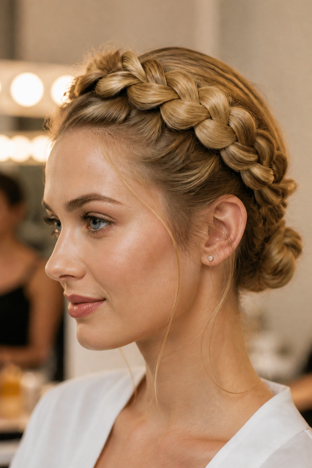 Close-up of a real woman with a Dutch crown braid and a small bun at the nape in backstage lighting.