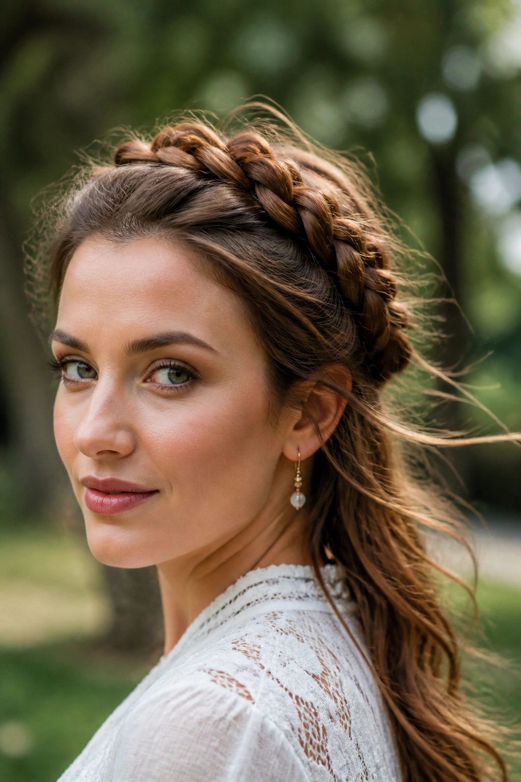 Close-up of a real woman wearing a Dutch crown braid with free ends