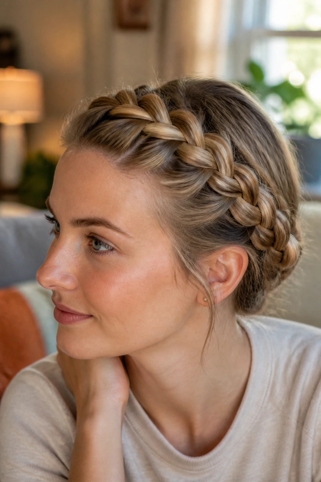 Portrait of a woman with a Dutch crown braid around her head