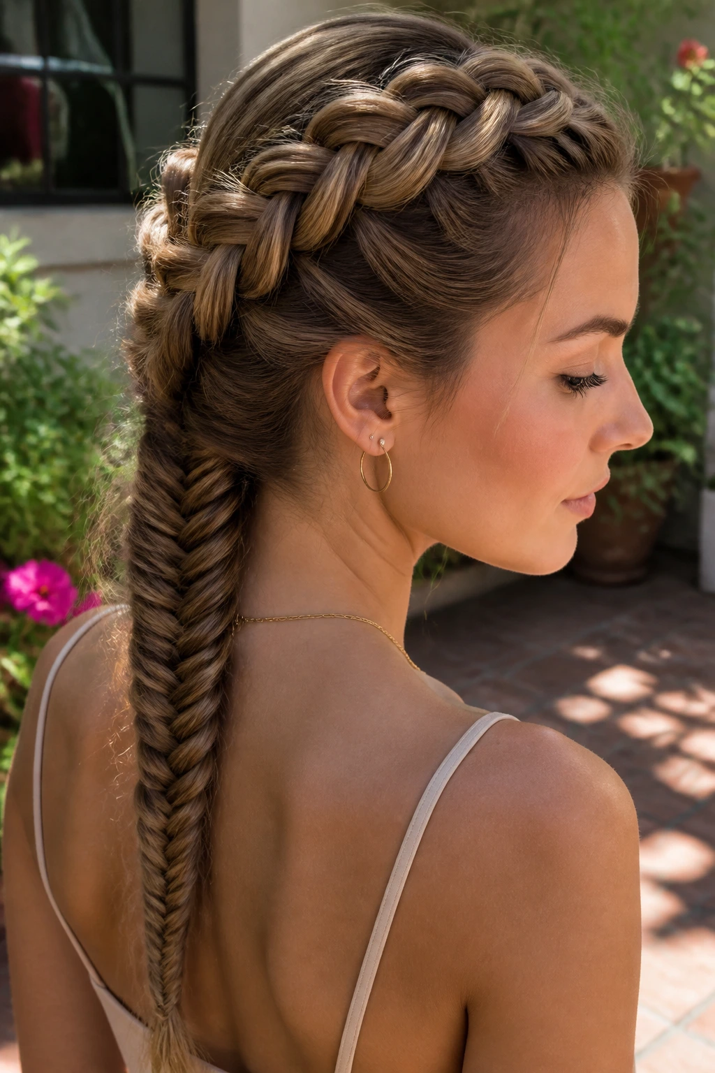 Close-up of a real woman wearing a Dutch crown that transitions into a fishtail braid at the back.