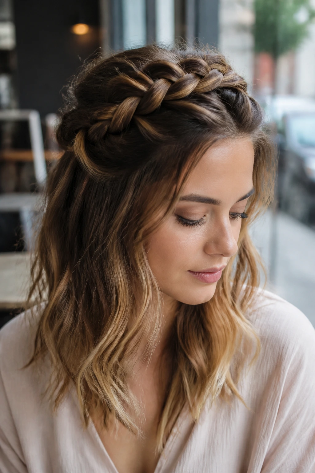 Close-up portrait of a real woman wearing a Dutch Braid Crown Half-Up