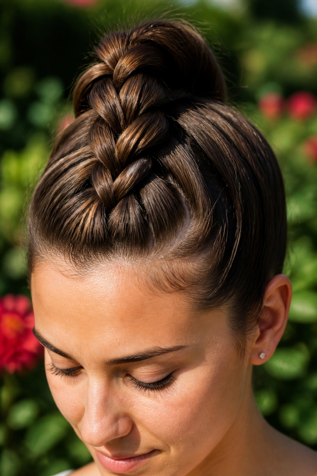 Close-up real woman wearing a Dutch plait on top of the head