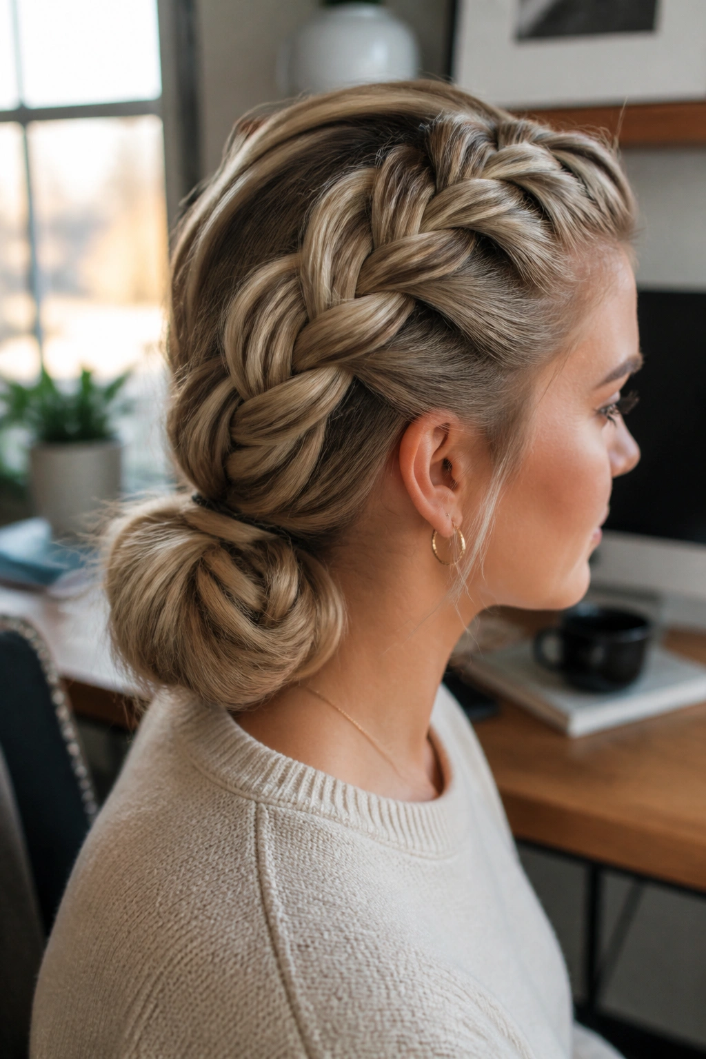 Close-up of a Dutch braid that feeds into a low bun on a real person.