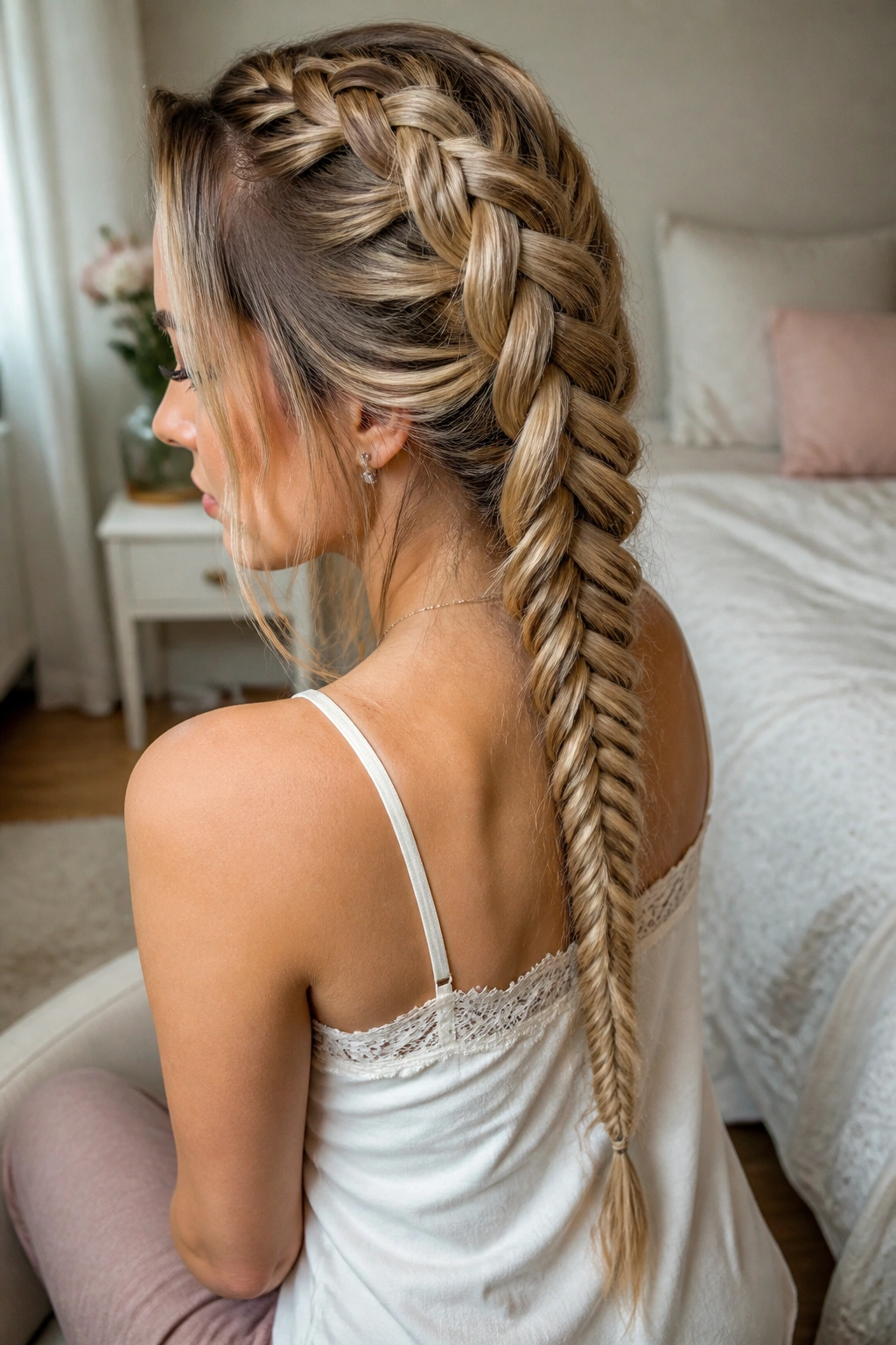 Close-up of a real woman showing a Dutch fishtail hybrid braid at the crown with transition to fishtail.