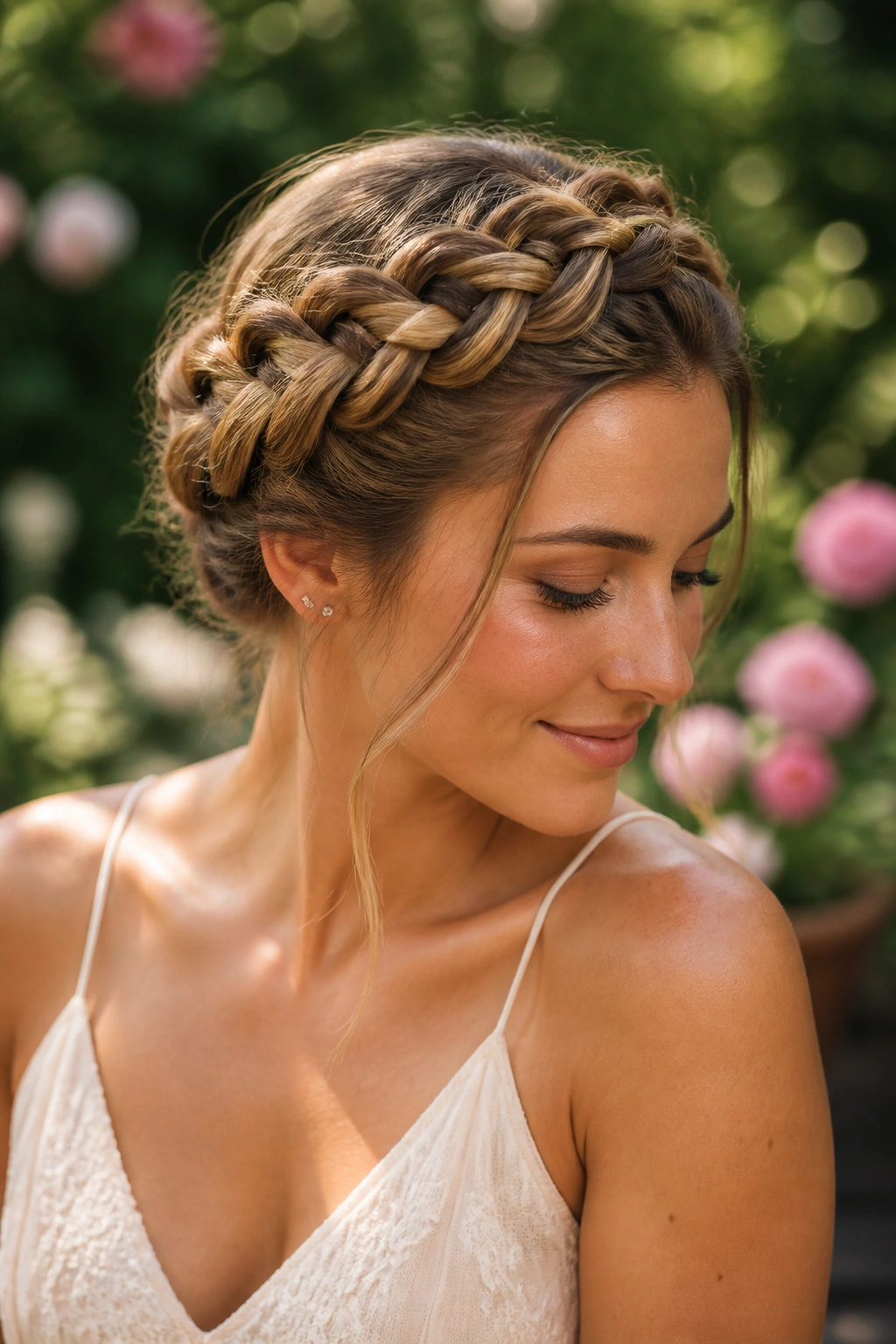Portrait of a woman wearing a Dutch halo braid around the head.