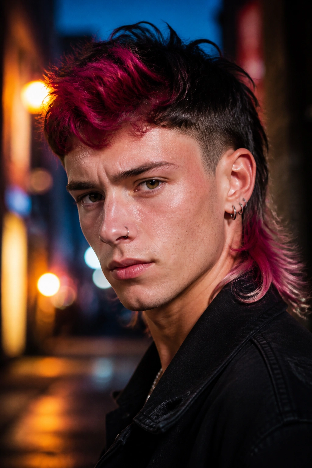 Man with dyed mullet in an urban dusk setting.