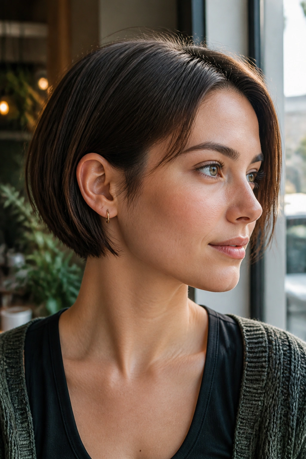 Portrait of a woman with an ear-grazing bob and tapered sides