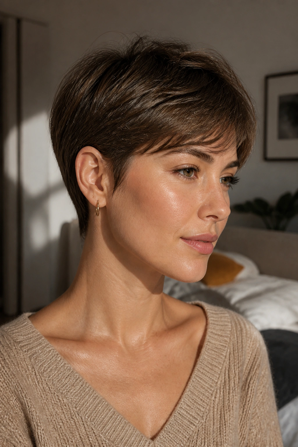 Portrait of real woman with ear-grazing crop, showing soft edges and top length in warm window light.