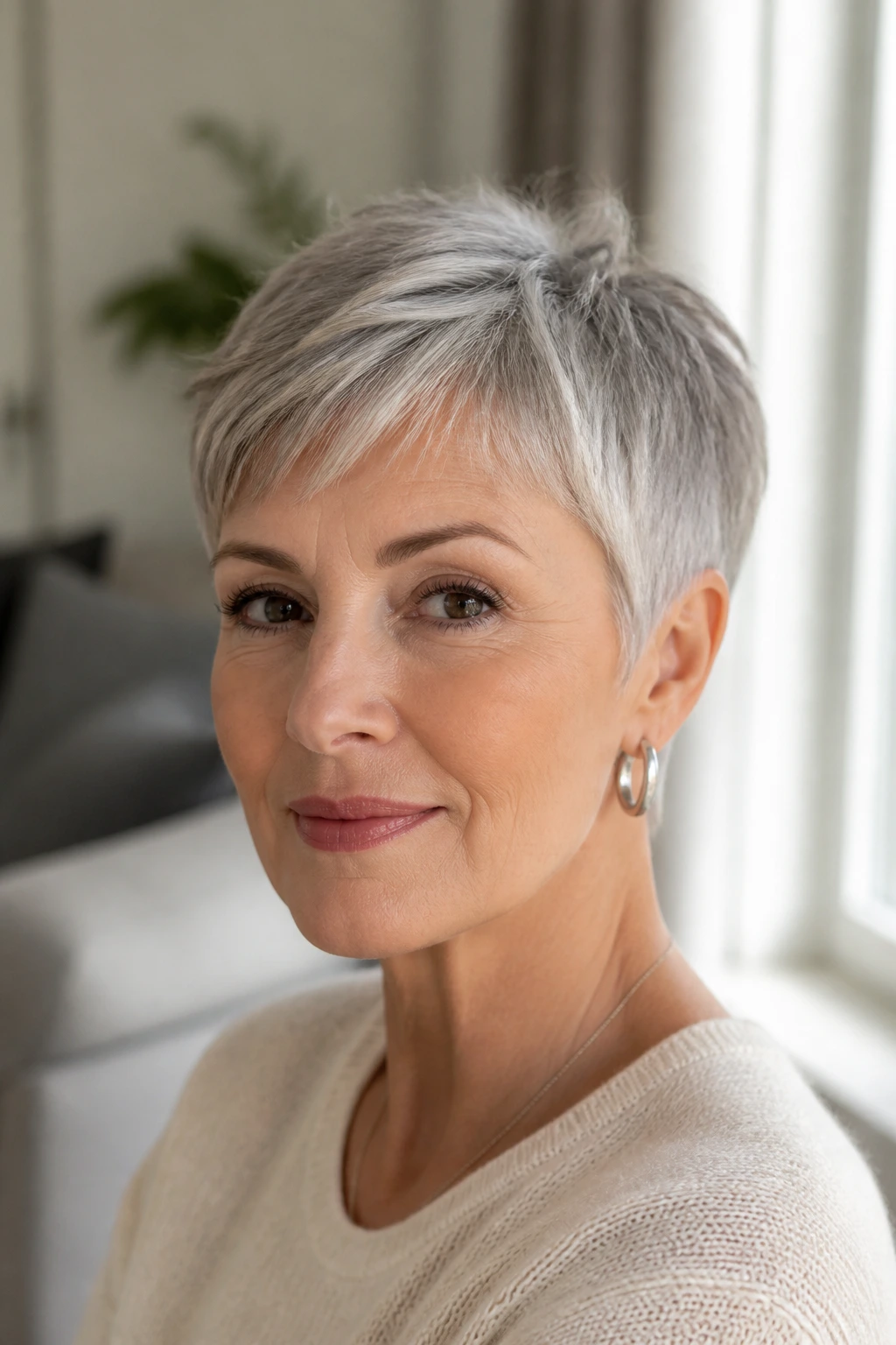 Close-up of a real woman with an ear-grazing crop, soft window light highlighting the jawline.