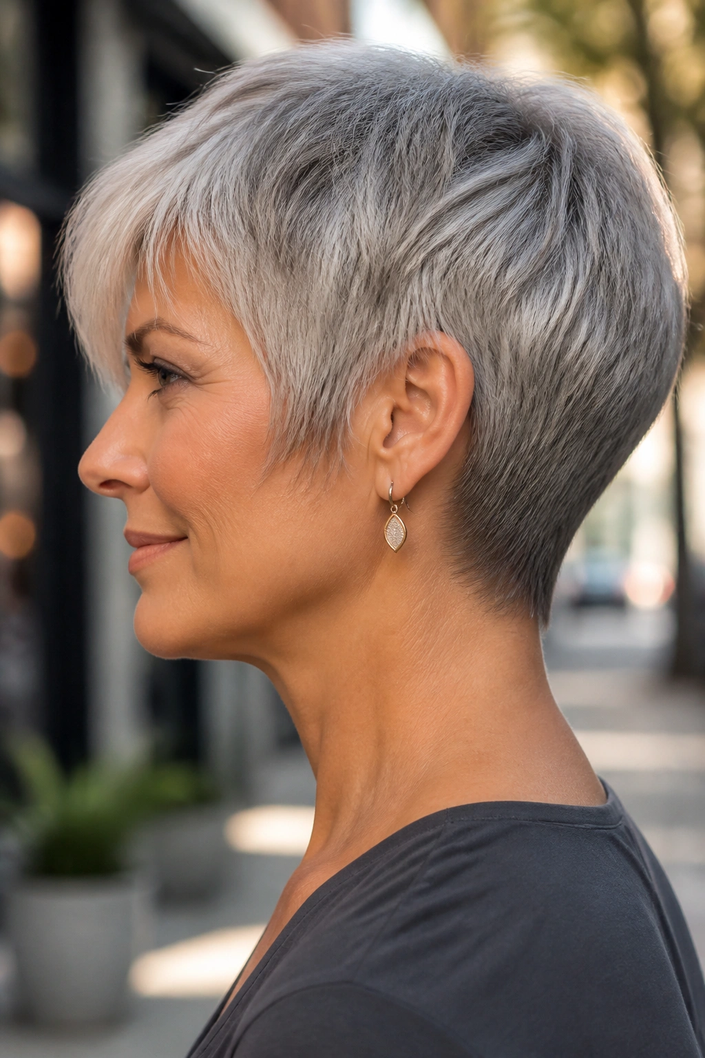 Side-profile of a real woman with an ear-grazing crop and tapered nape, urban street lighting.