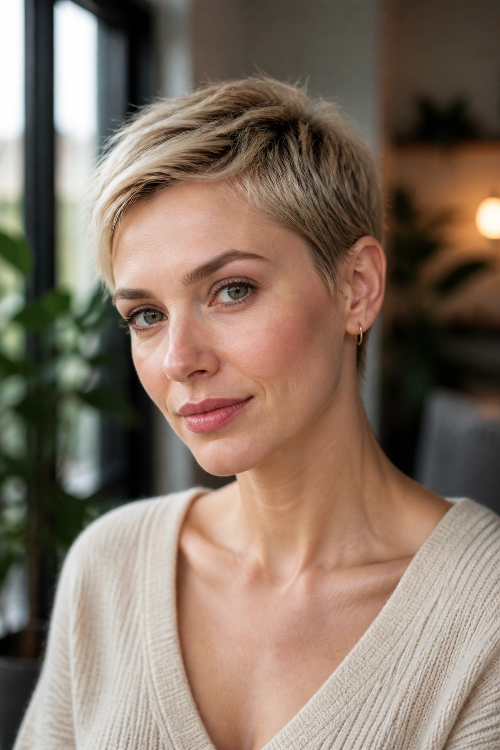 Close-up of real woman with ear-grazing crop and tucked sides.