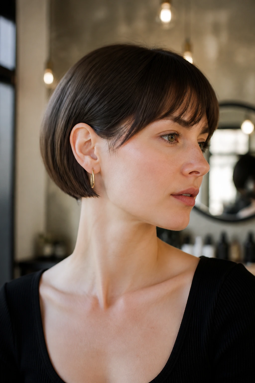 Portrait of a real woman with an ear-grazing cropped French bob exposing the neck.