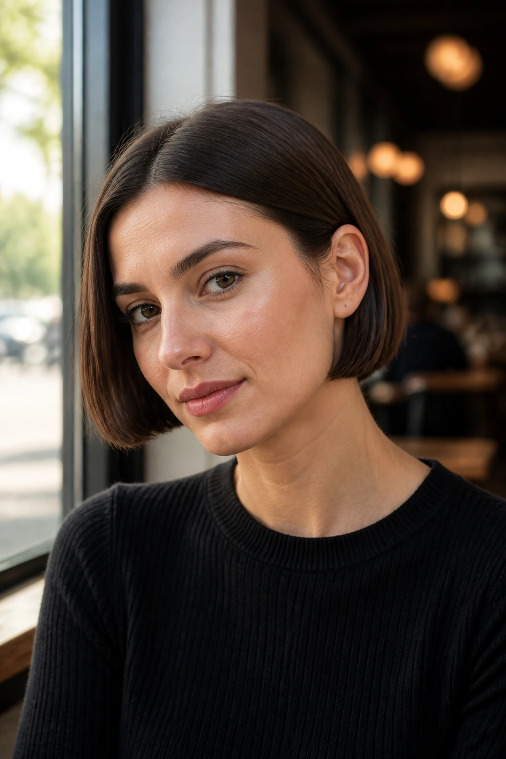 Portrait of a woman with a micro bob that ends just below the ear, sleek straight hair.