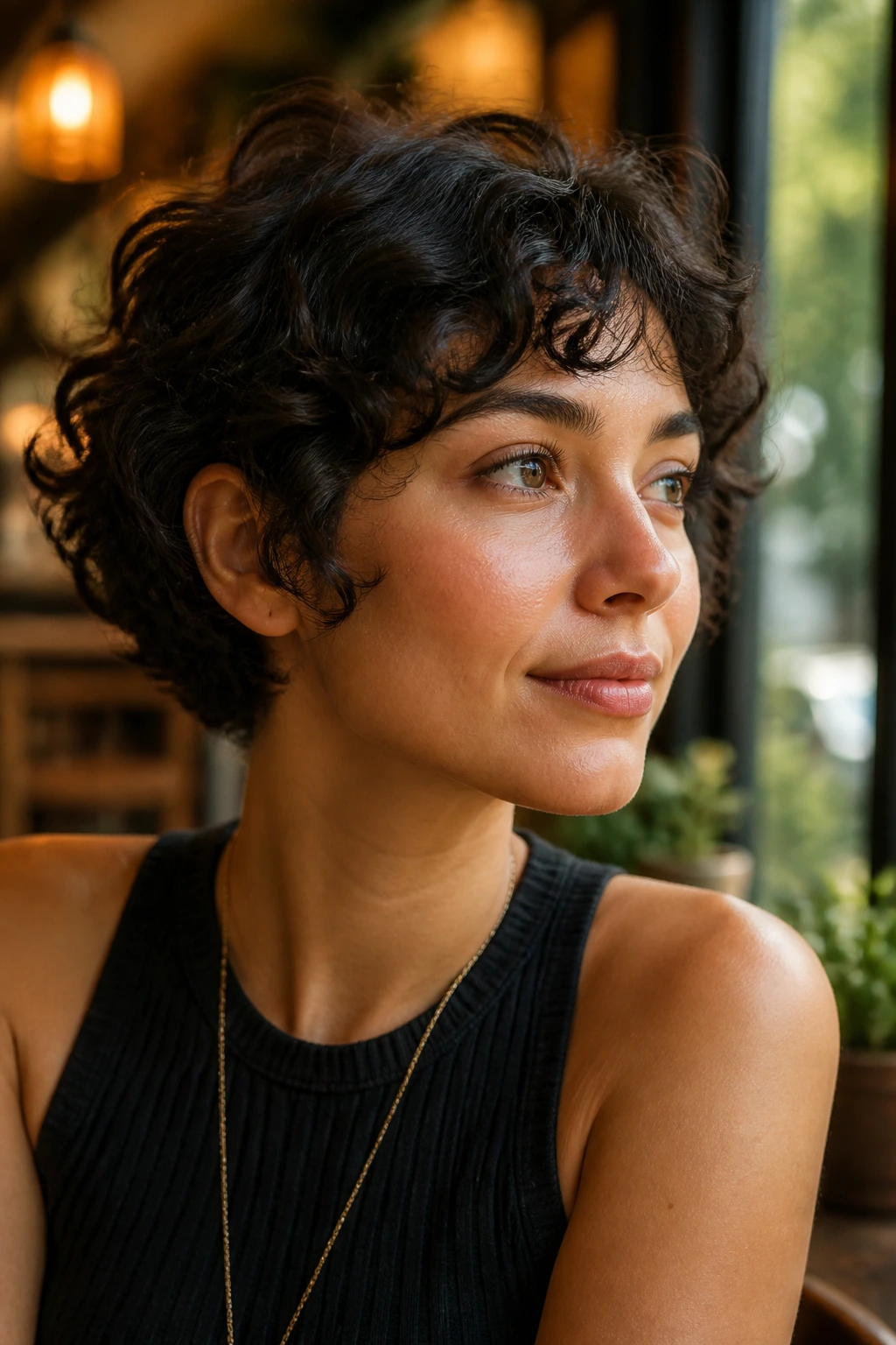 Close-up portrait of a woman with an ear-grazing mini bob at a cafe window.