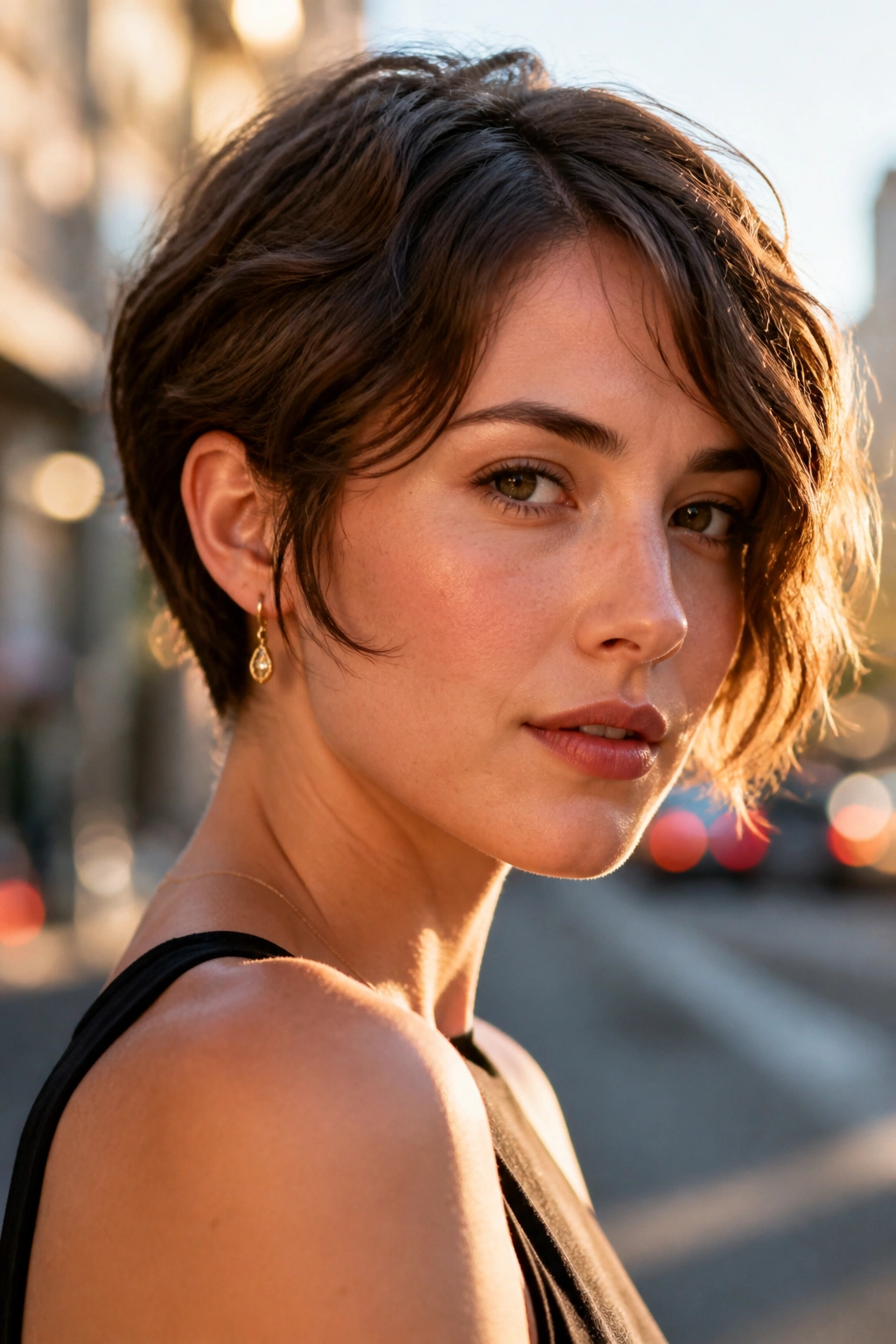 Portrait of a woman with ear-grazing pixie long sides on a city street.