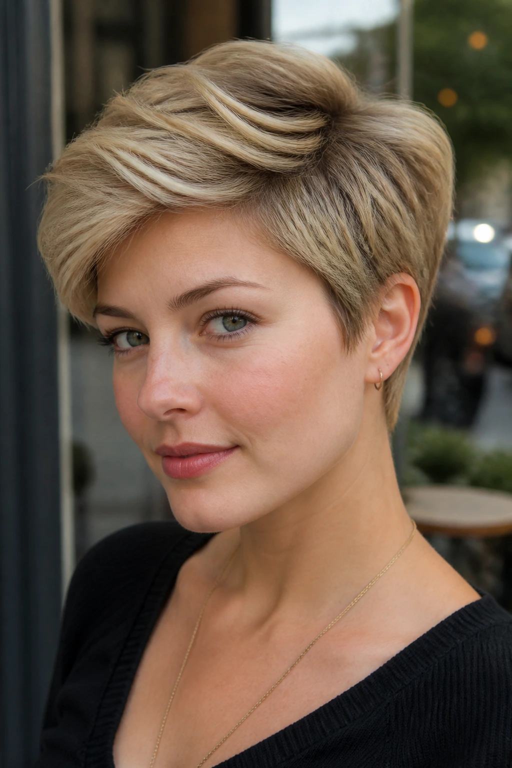 Real woman with ear-grazing pixie and longer top