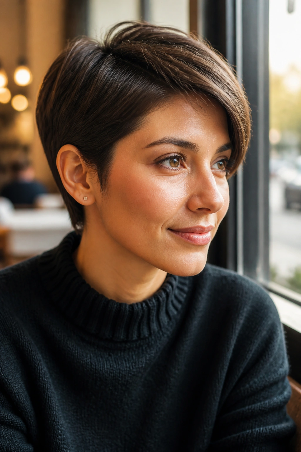 Close-up portrait of a real person with ear-grazing pixie and tucked sides