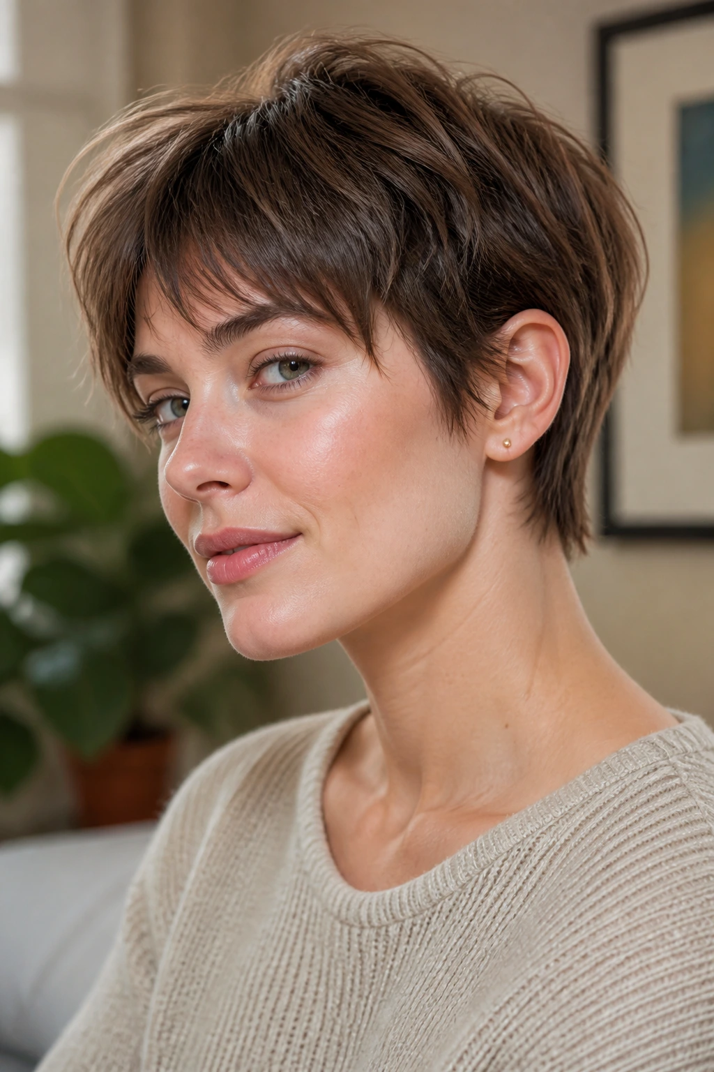 Close-up portrait of a real woman with ear-grazing soft wolf pixie on straight hair in natural light