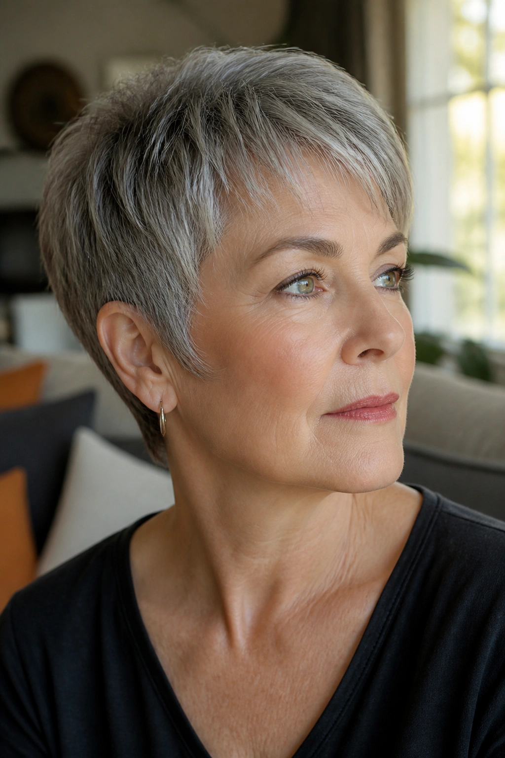 Close-up of a real woman with an ear-hugging pixie and soft sideburns wearing small hoops, in warm window light.