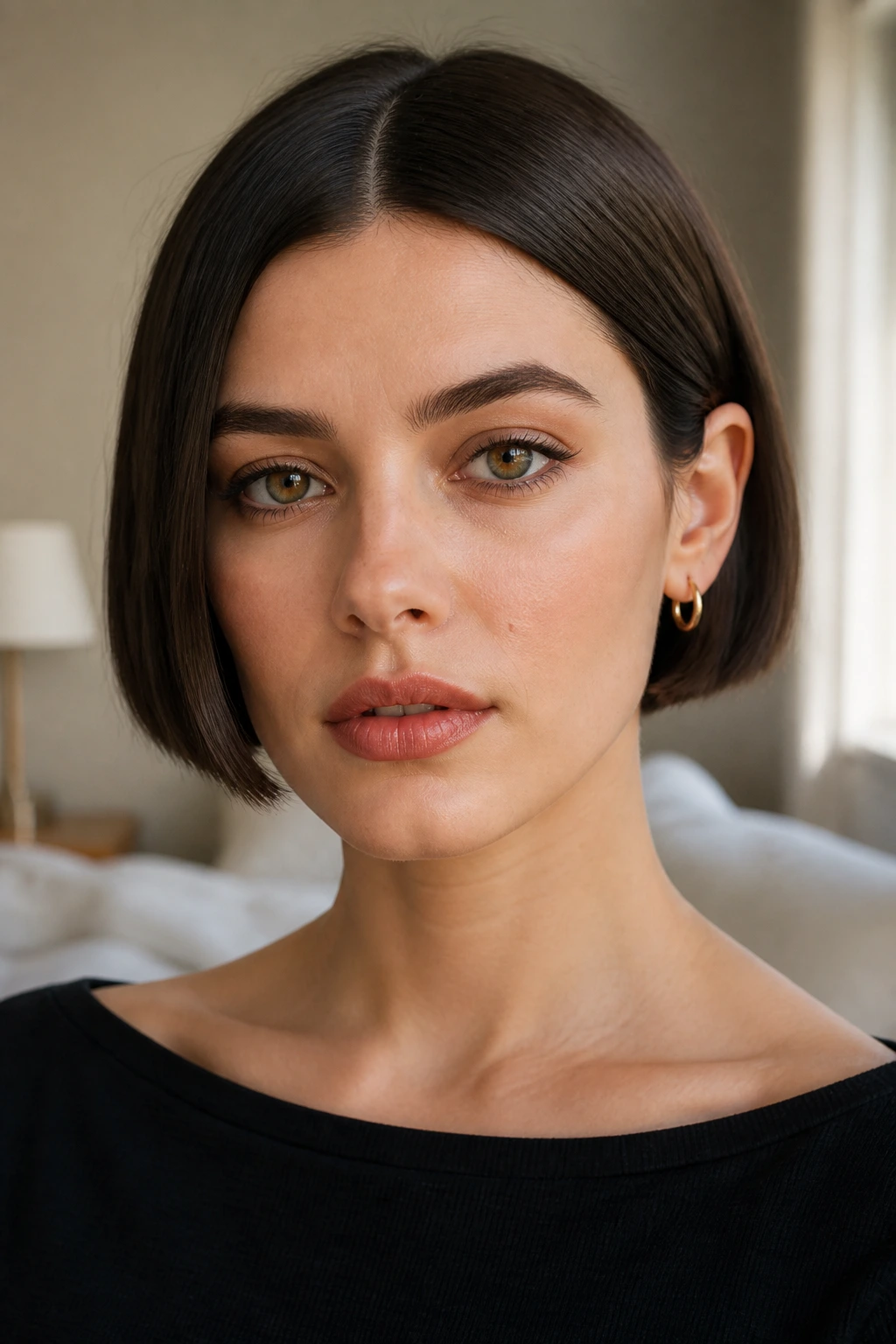 Close-up portrait of a real woman with an ear-length blunt bob and a centered part
