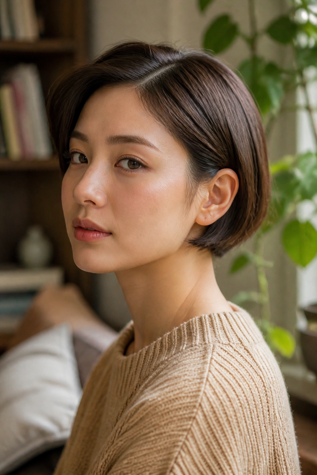 Close-up of a real woman wearing an ear-length bob in a cozy reading nook.