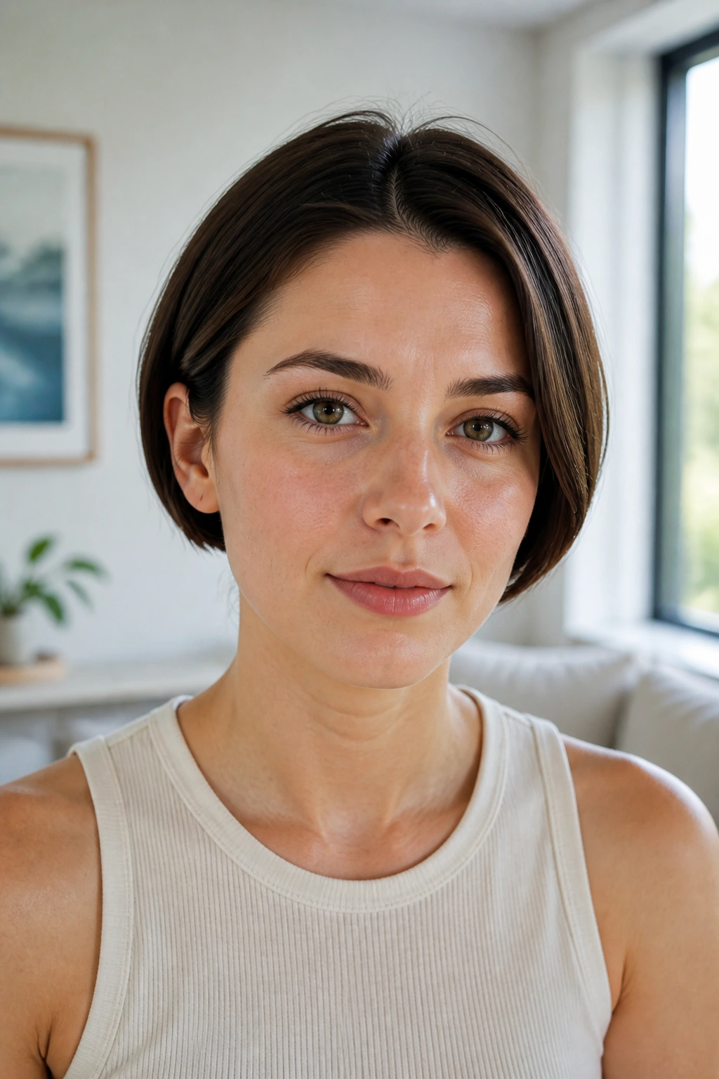 Close-up of a real woman with an ear-length bob with tucked ends