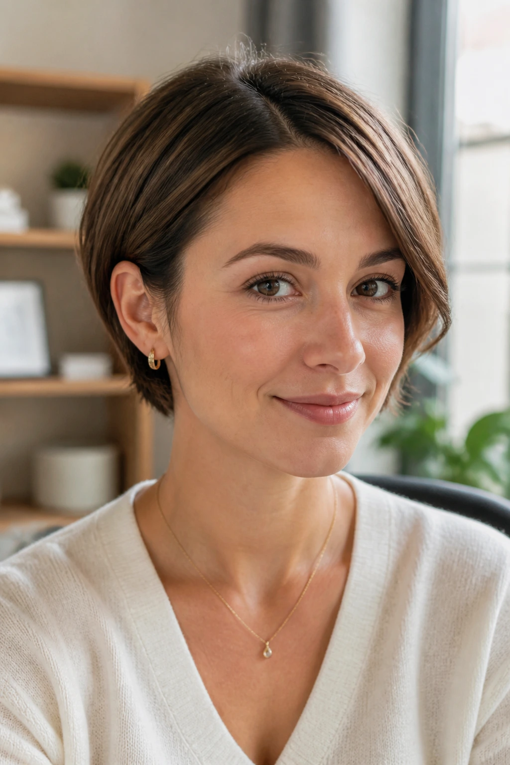 Close-up of a real woman with an ear-length bob and tucked ends in bright light