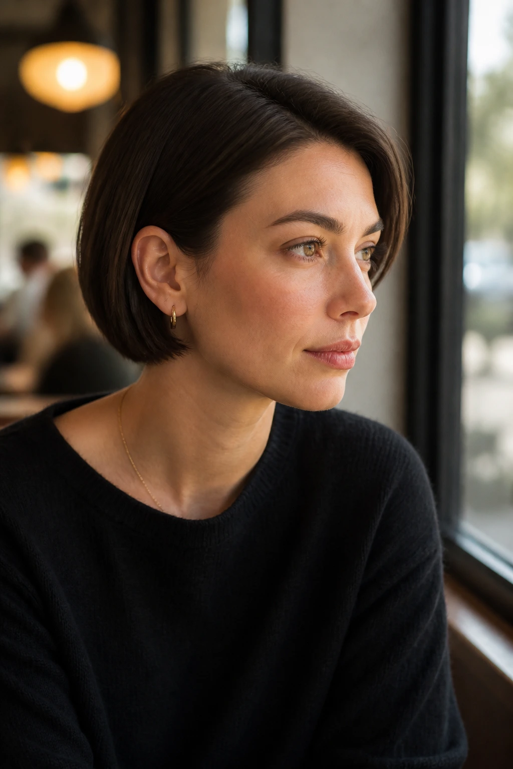 Real woman with ear-length bob and tucked sides in profile