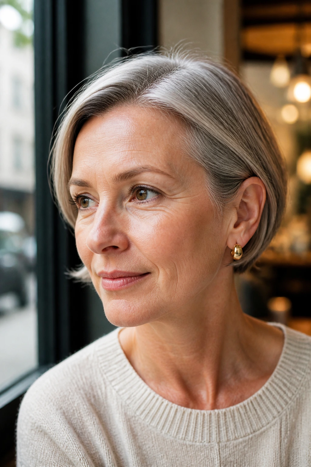 Portrait of a real woman with ear-length bob and tucked sides.