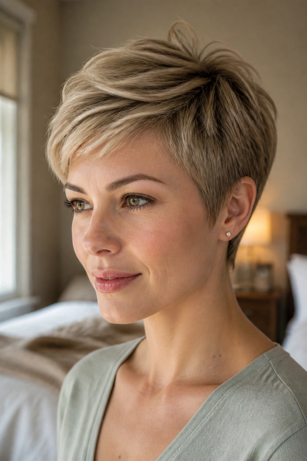 Close-up of a real woman with ear-length crop and crown lift in natural window light