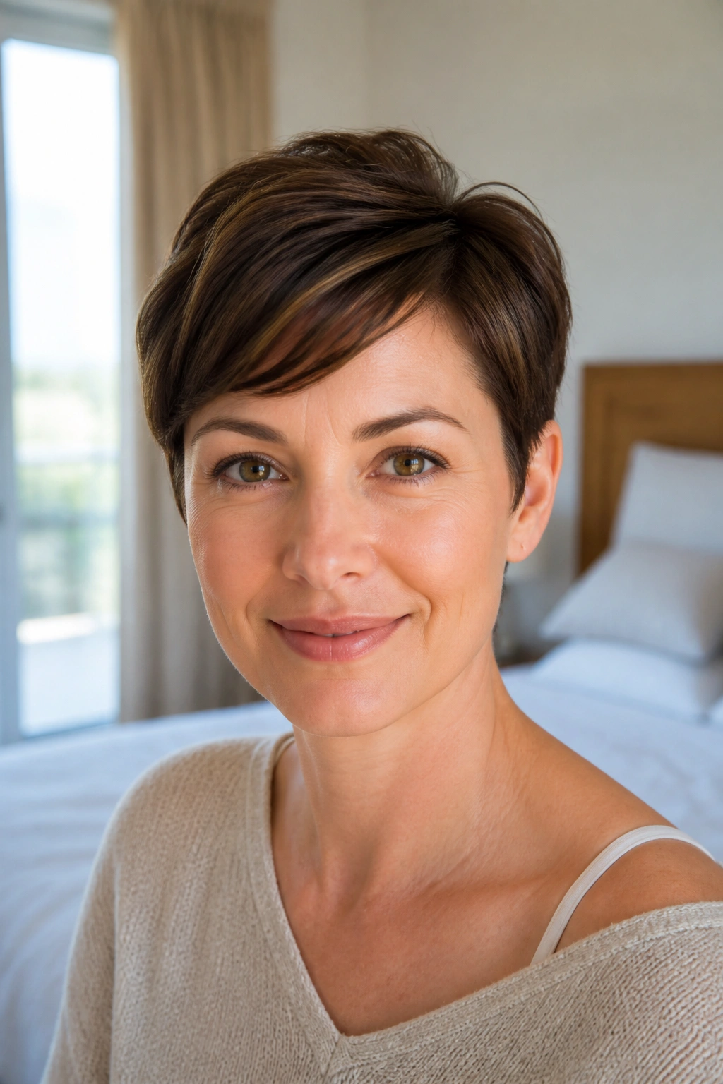 Close-up of a real woman with an ear-length crop showing ears.
