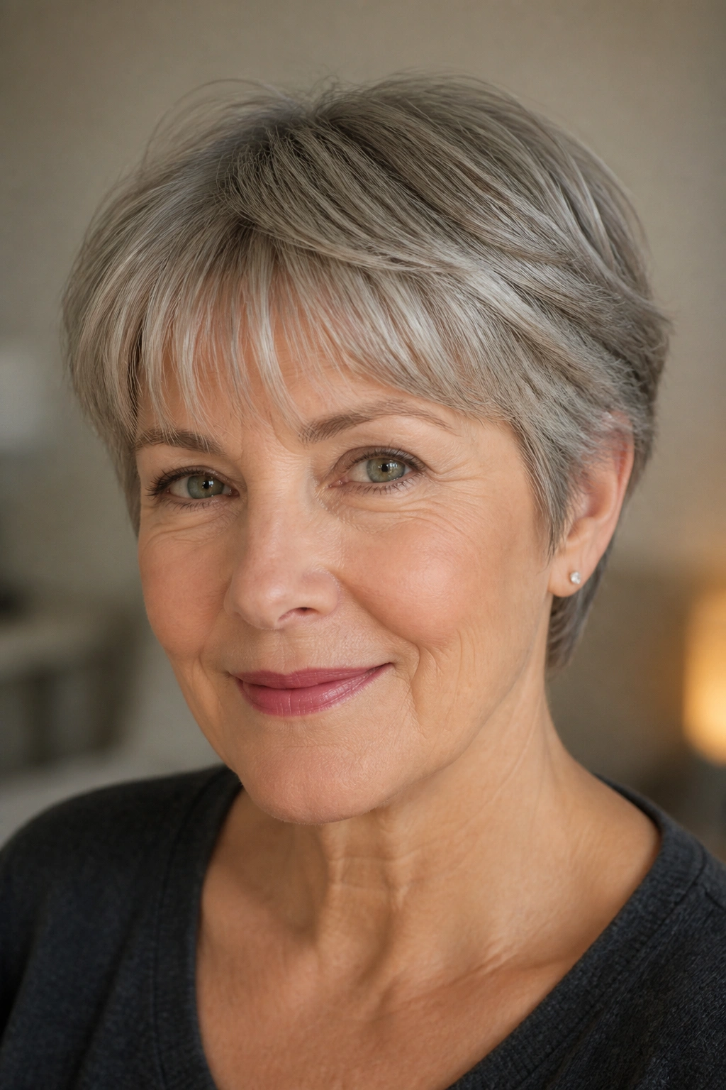 Close-up of ear-length crop with bangs on gray-haired woman, soft indoor light.