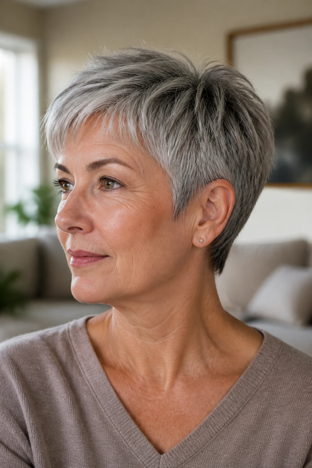 Close-up of an older woman with an ear-length crop hairstyle.