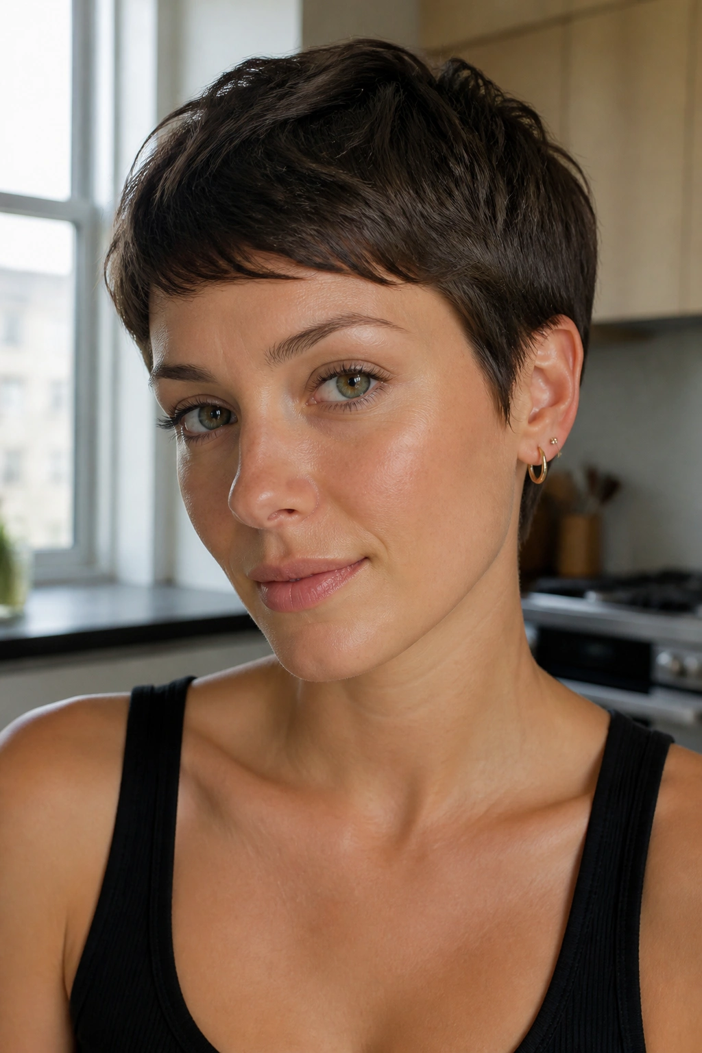 Close-up portrait of a real woman with an ear-length crop showing the compact frame and earrings