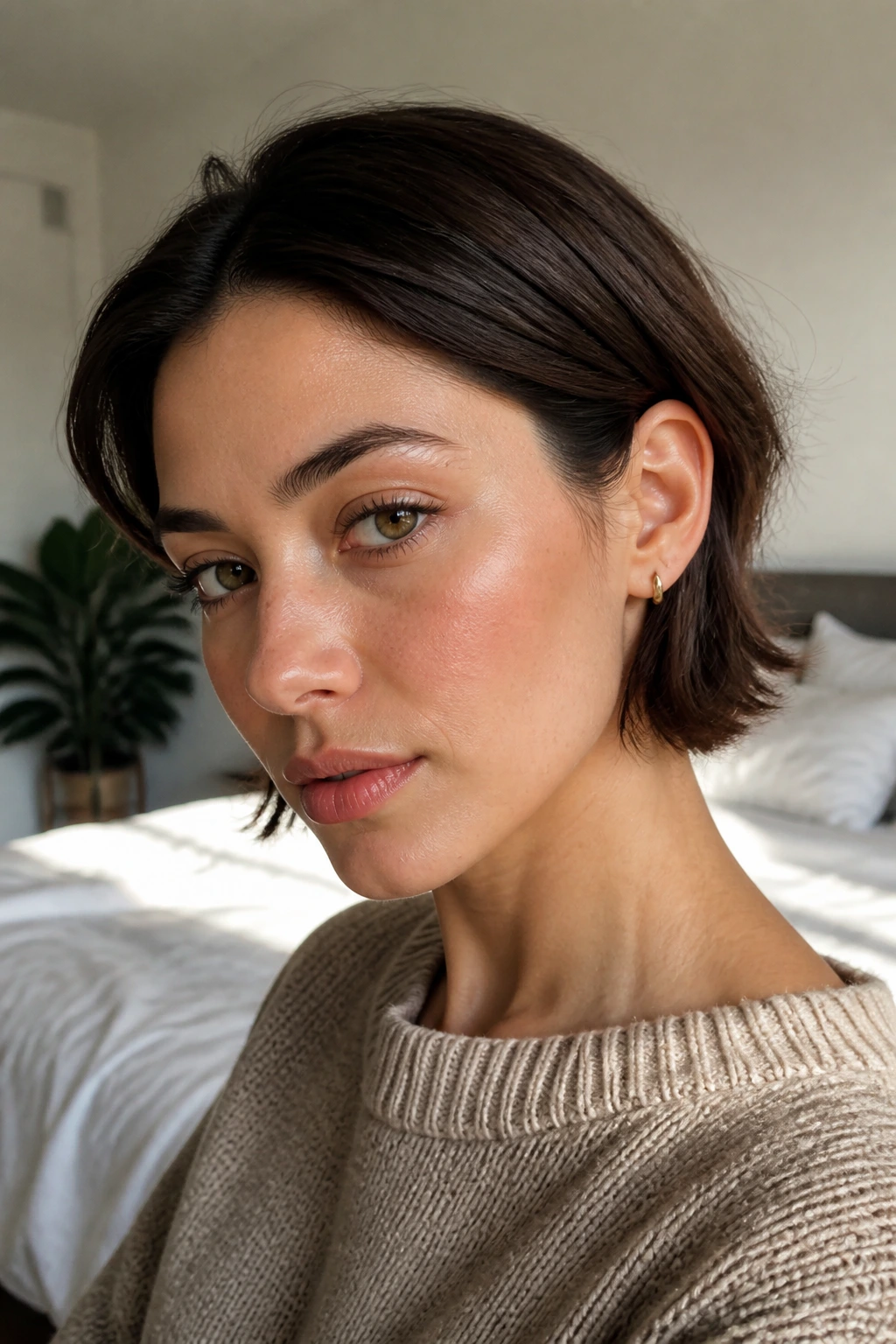 Close-up of a real woman with an ear-length crop skimming the cheeks in natural window light