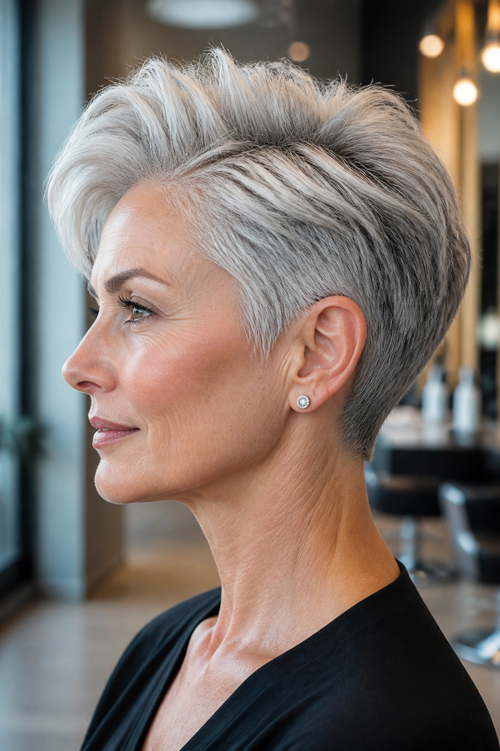 Close-up profile of a woman with an ear-length crop and volume on top, silver hair