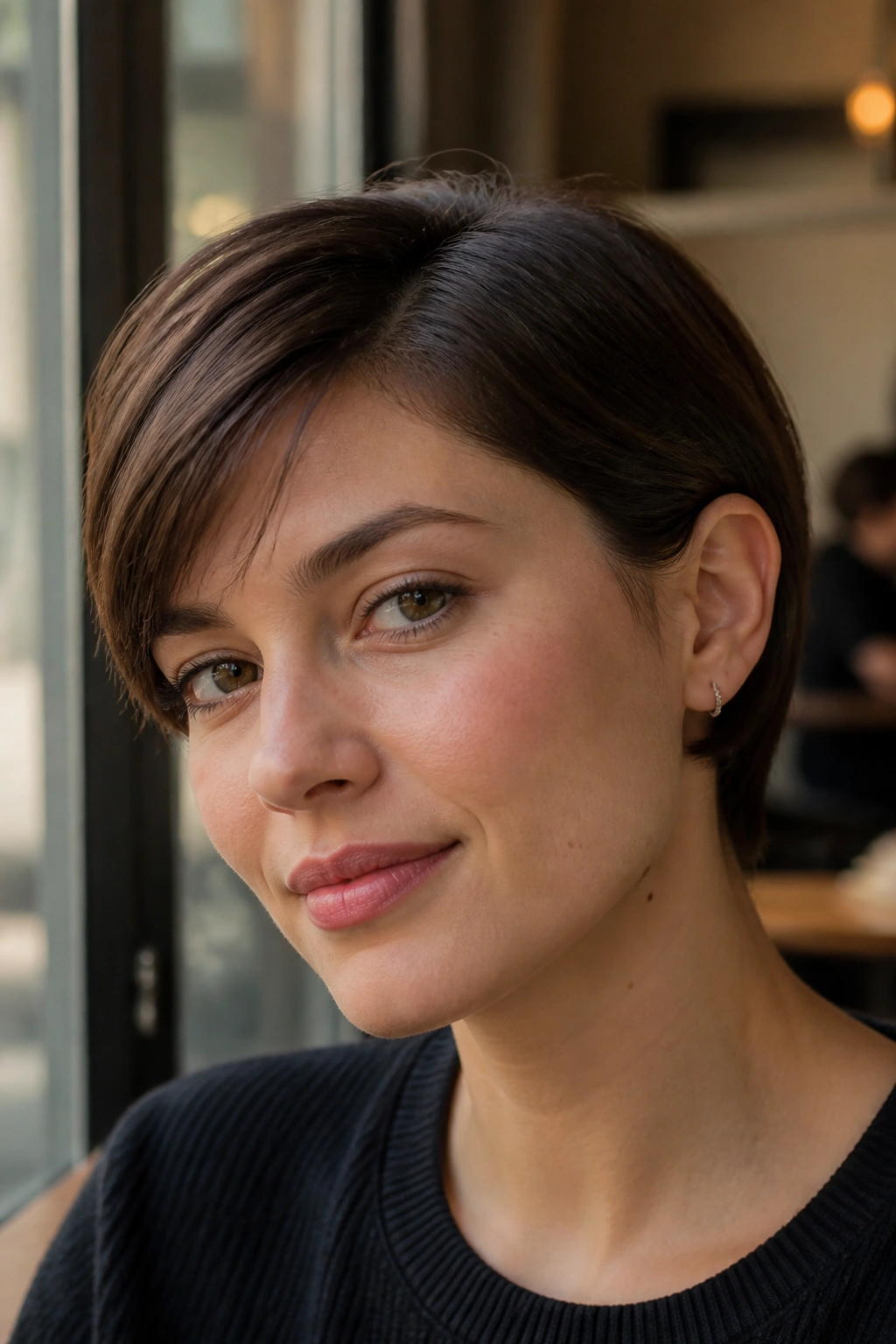Close-up of a real woman with an ear-length crop tucked behind the ear in a softly lit cafe.