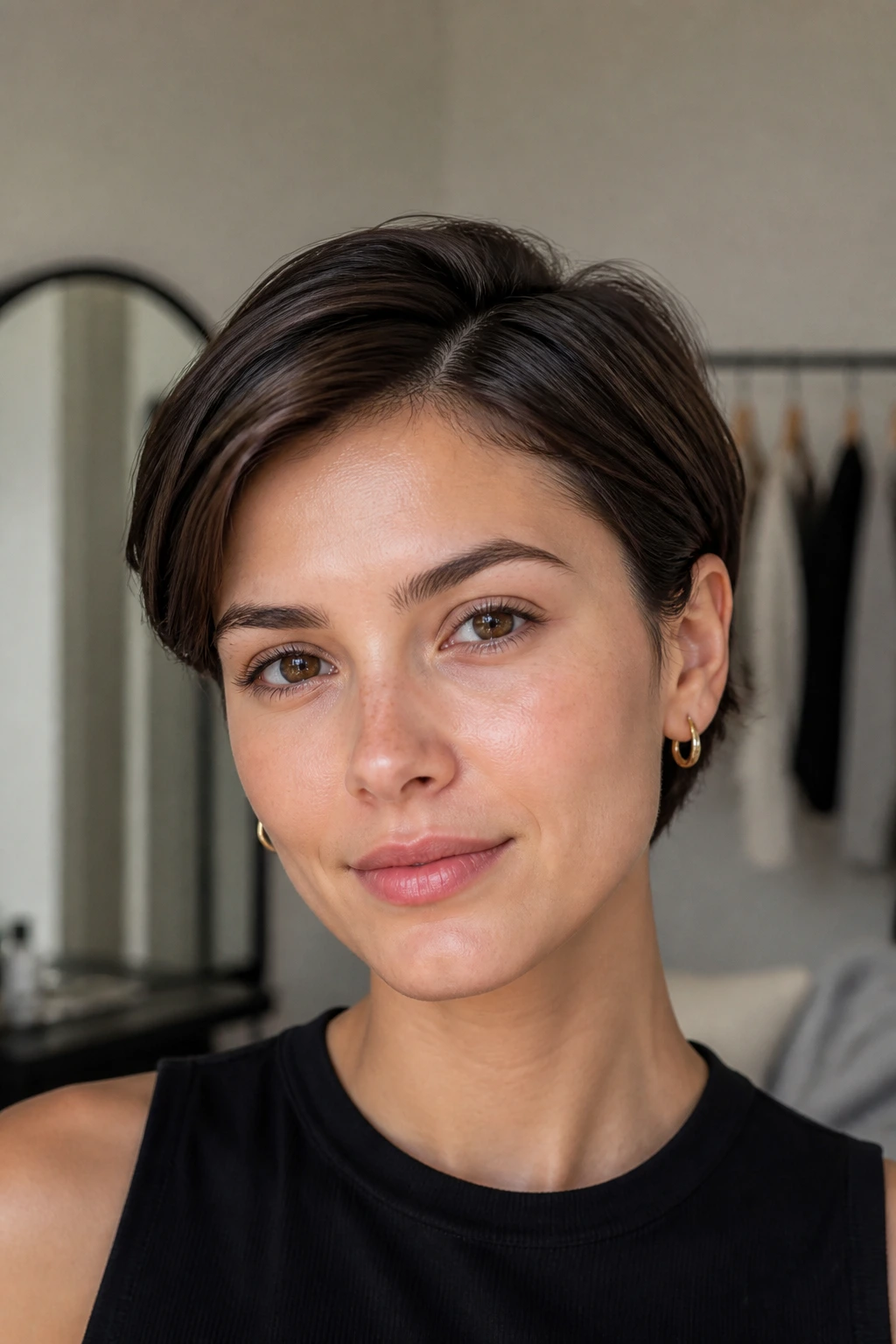 Close-up of a real woman with an ear-length crop and tucked sides