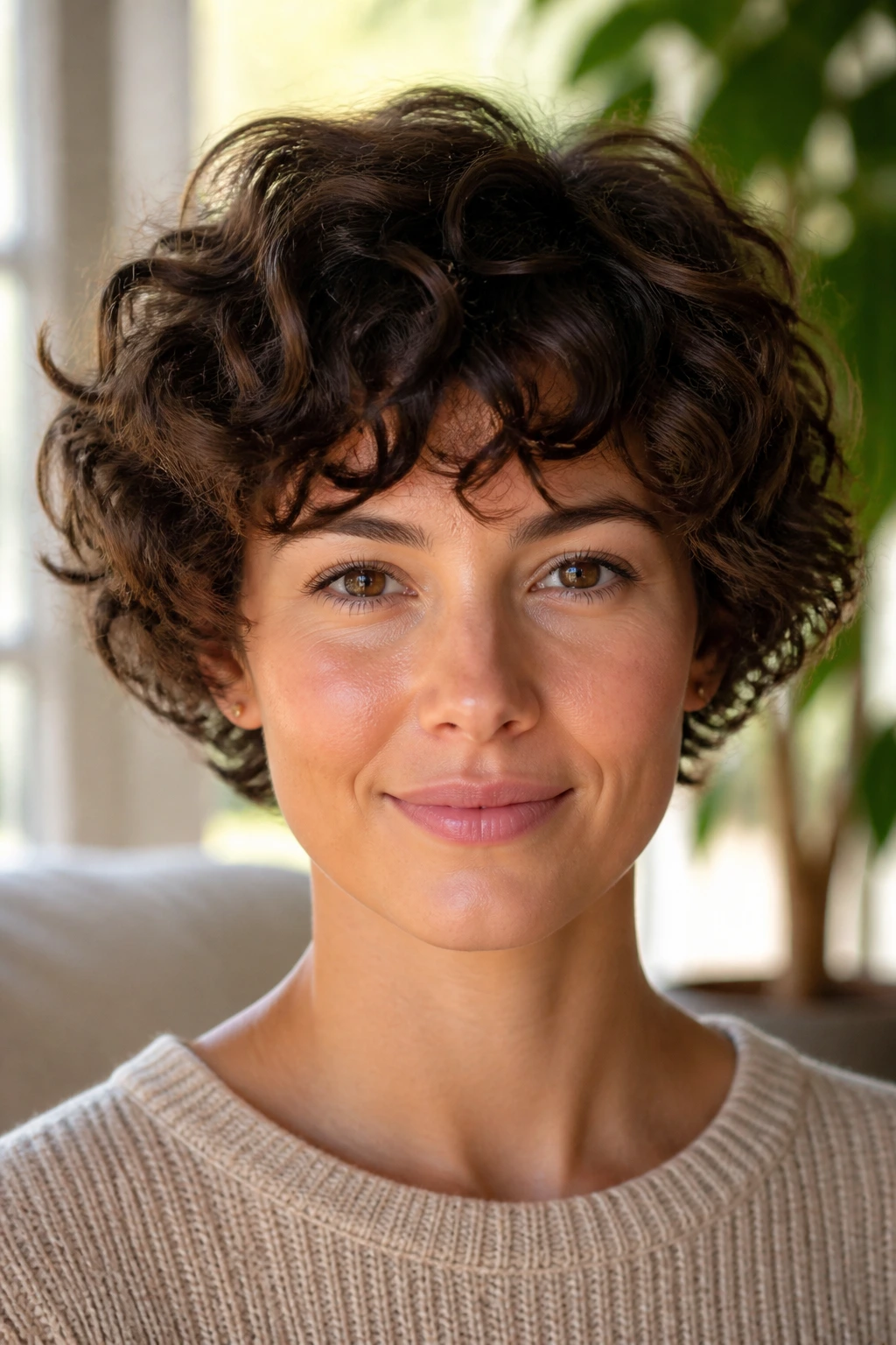 Real woman wearing layered ear-length curly bob with soft perimeter near temples in sunlit room