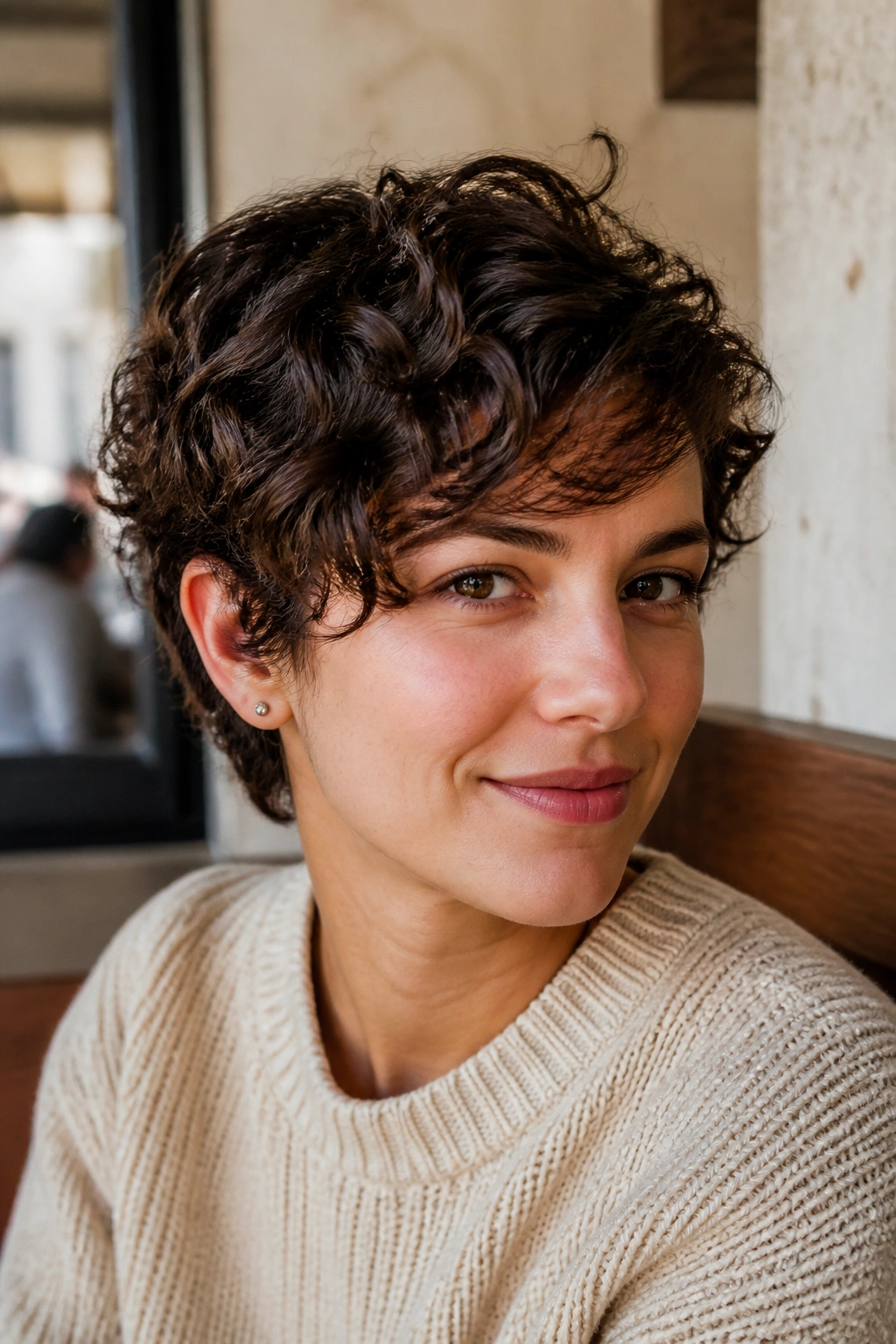 Close up of a person with ear-length curly crop and side bangs in a cafe setting