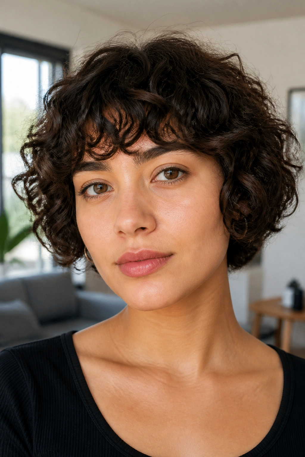 Close-up of a real woman with ear-length curly cut and full fringe.