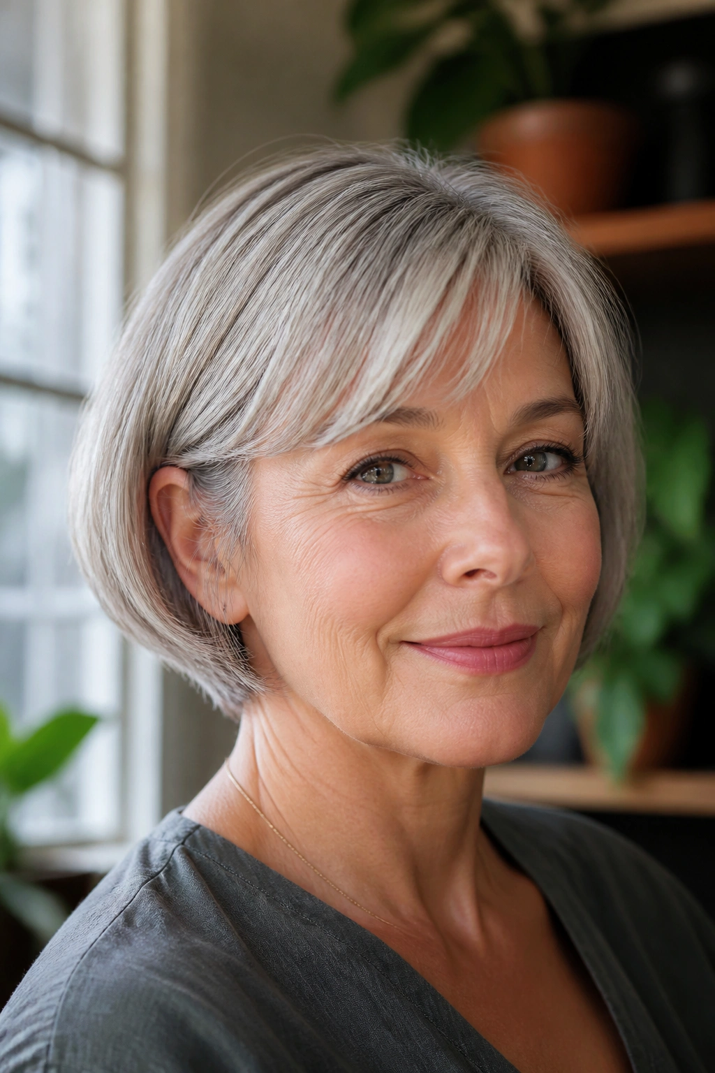Real woman wearing ear-length French bob with soft fringe in window light