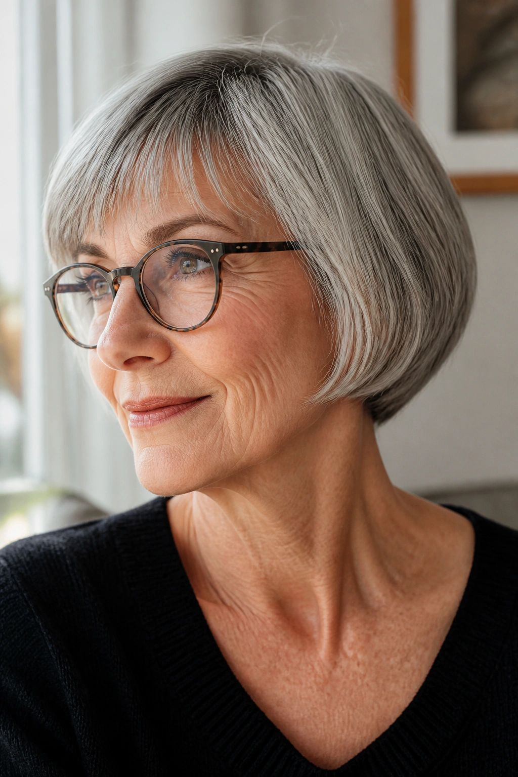 Close-up of a senior woman with ear-length French bob and glasses