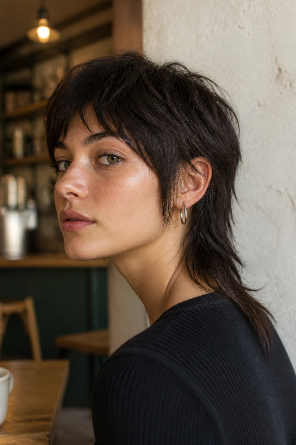 Real person with ear-length front and longer nape pixie mullet