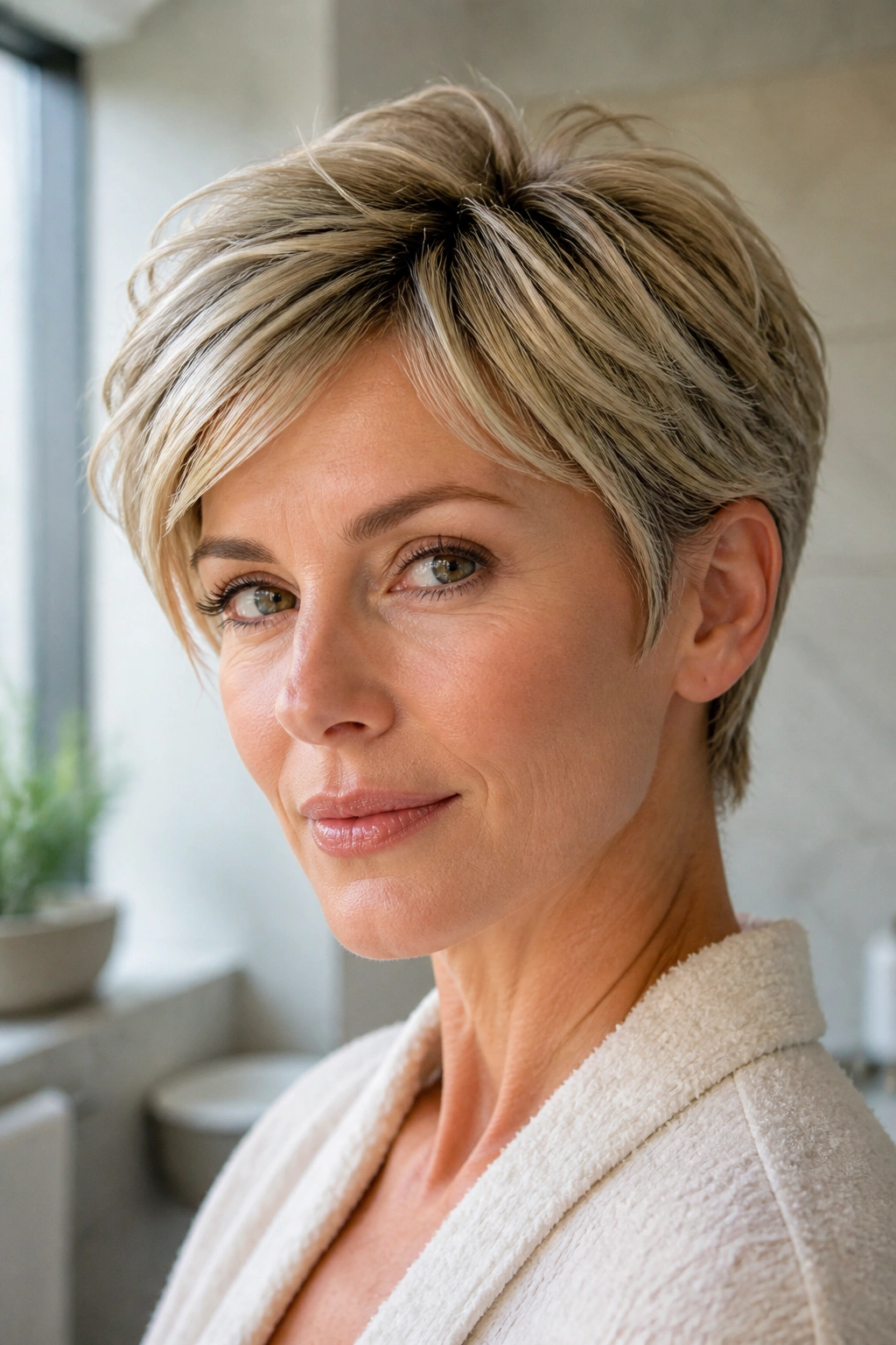 Portrait of a real person with an ear-length layered pixie