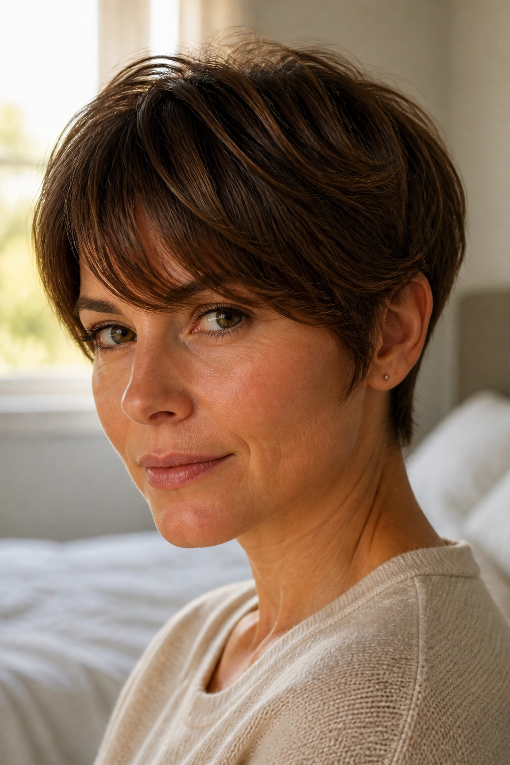 Close-up portrait of a real woman with ear-length pixie and soft fringe, warm window light.