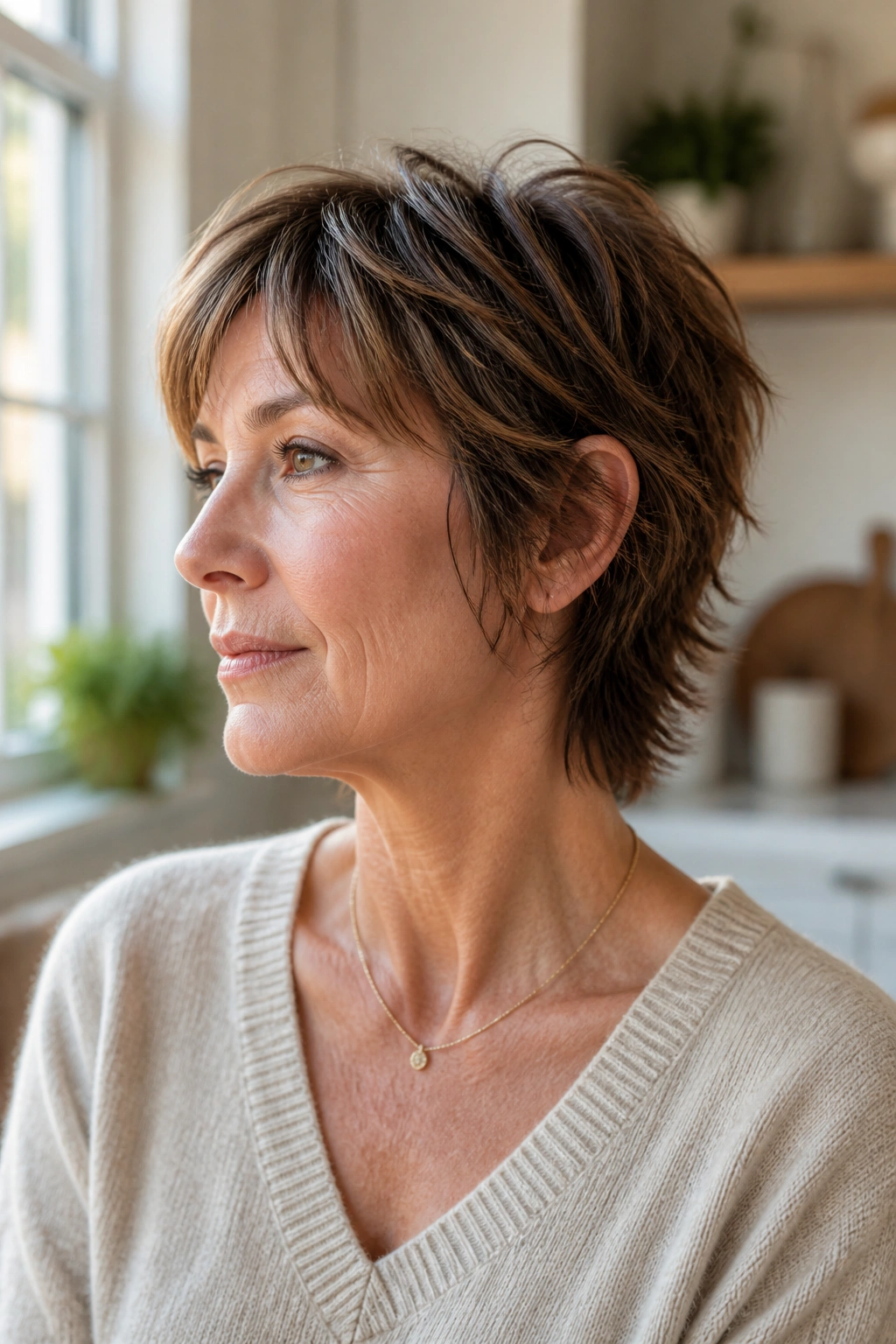 Portrait of a real woman with ear-length shag and micro layers.