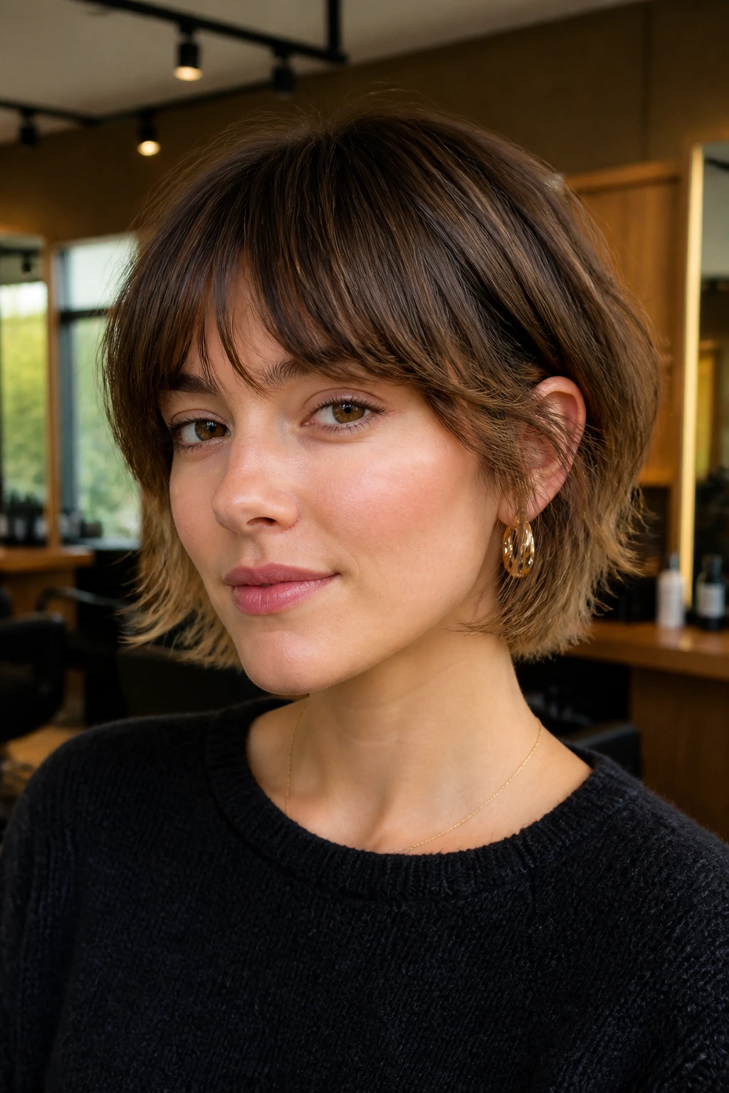 Portrait of a woman with an ear-length shag and wispy ends.