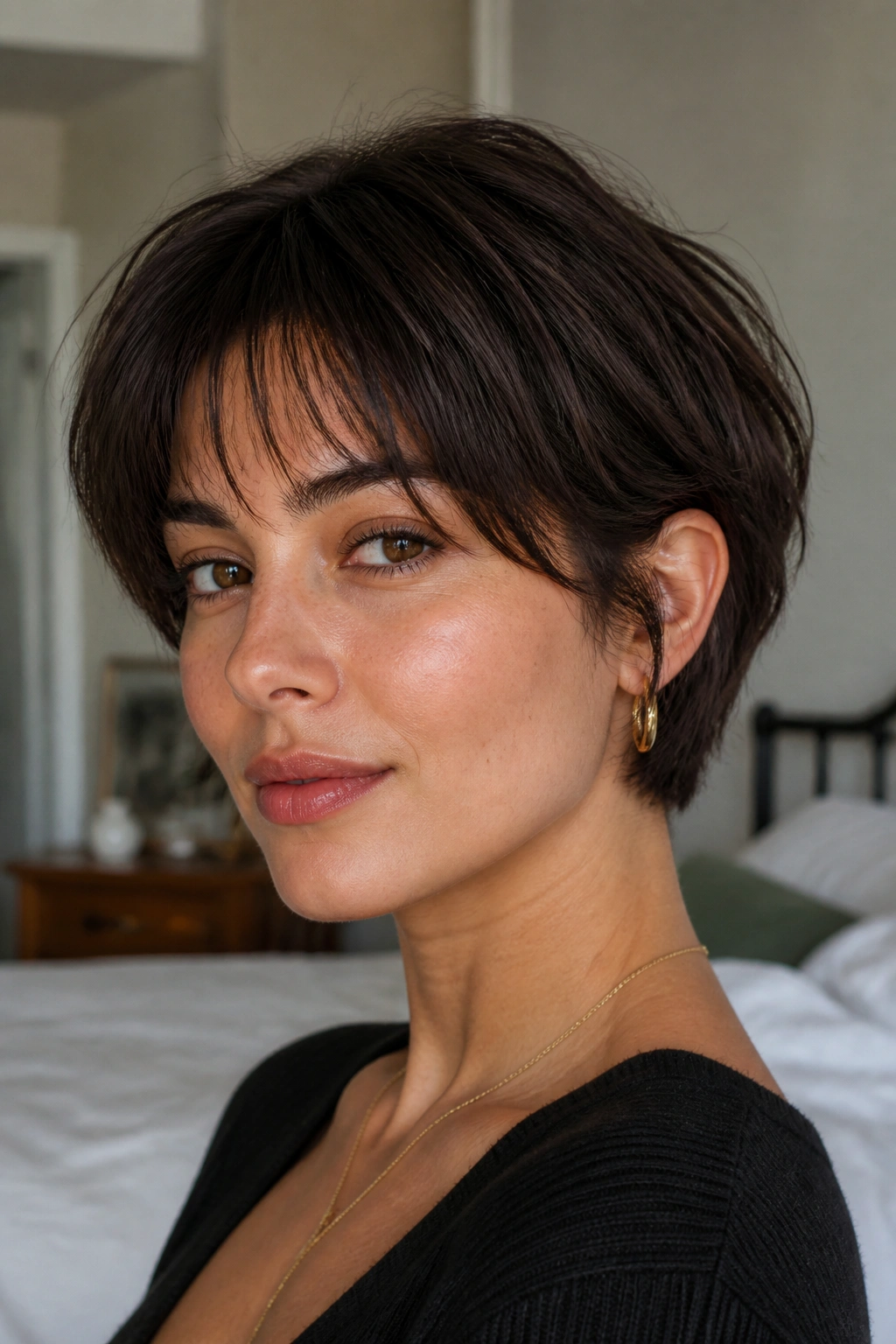Close-up portrait of a real woman with an ear-length textured chop in soft window light